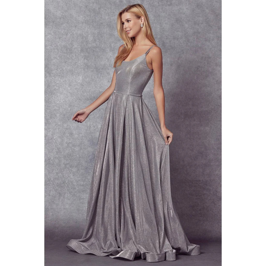 LONG A-LINE GLITTER PROM GOWN: SILVER / L