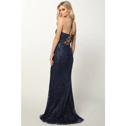 GLITTER FITTED CRISS CROSS OPEN BACK EVENING PROM DRESS: NAVY BLUE / XS