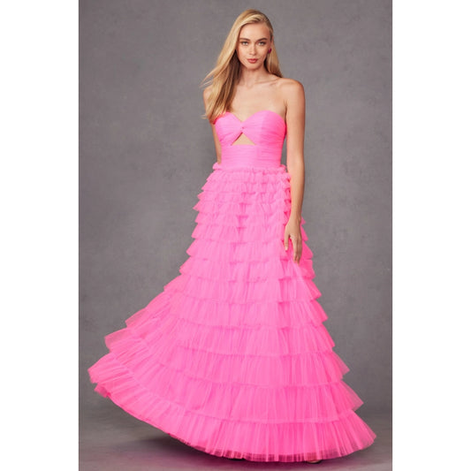 Strapless Ball Gown with Keyholes and A Tulle Ruffle Skirt-S