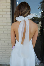 White Chiffon Halter Dress with Tie Back- Size S