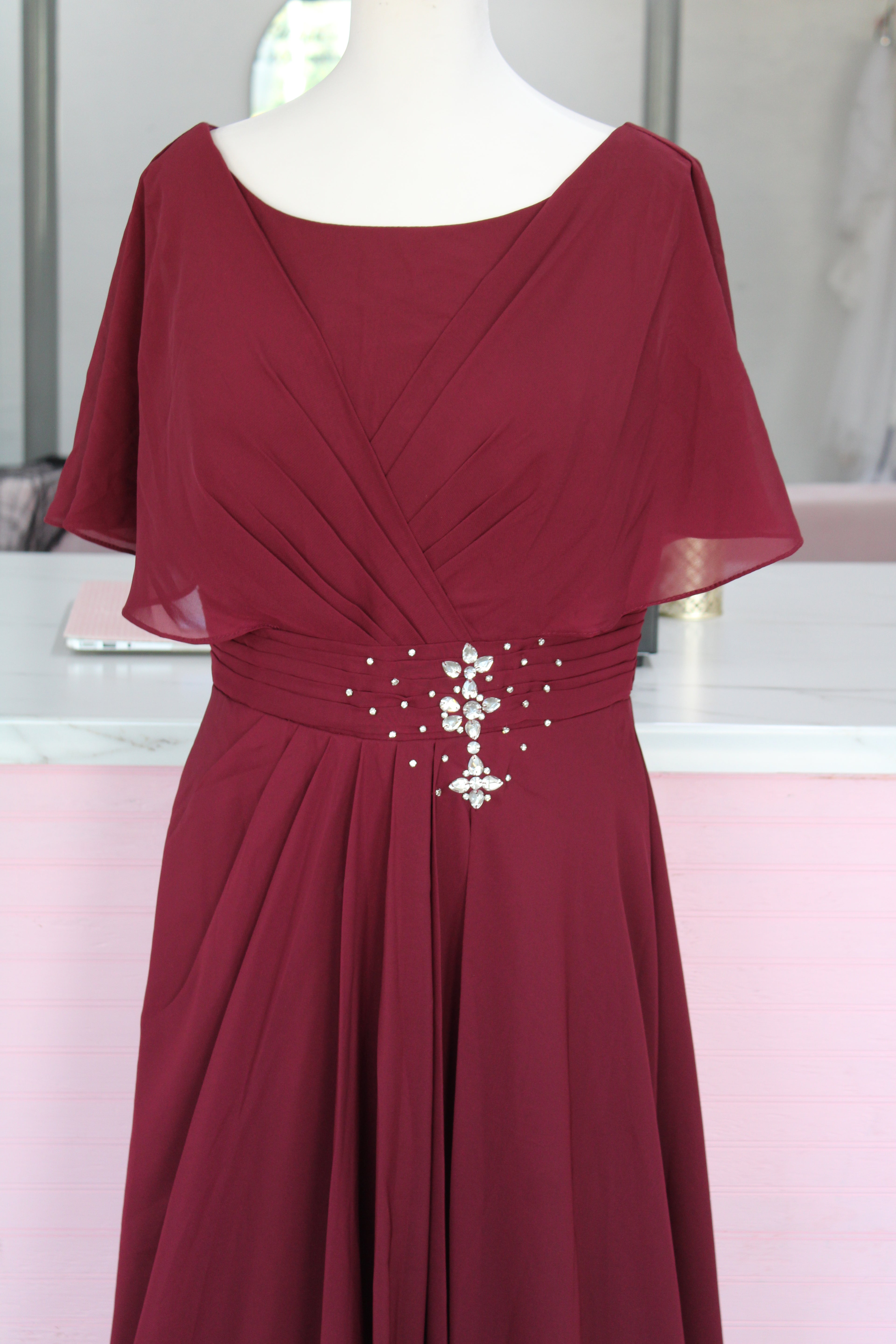 Burgundy Chiffon Stoned Gown-Size 16