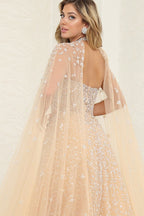 BEADED ILLUSION DESIGN SEWN-ON CAPE A LINE GLITTER