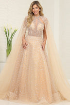 BEADED ILLUSION DESIGN SEWN-ON CAPE A LINE GLITTER