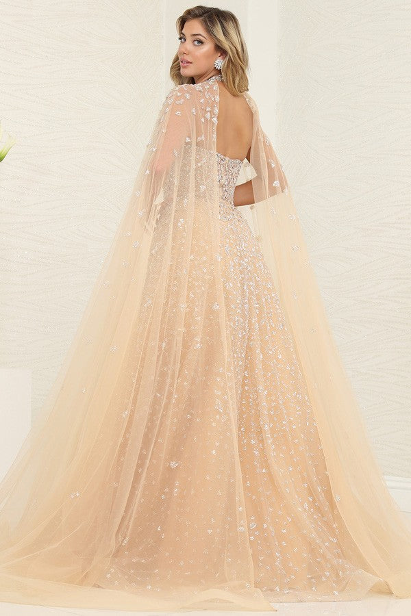 BEADED ILLUSION DESIGN SEWN-ON CAPE A LINE GLITTER