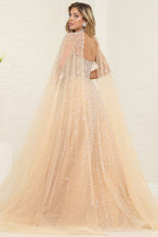 BEADED ILLUSION DESIGN SEWN-ON CAPE A LINE GLITTER