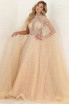 BEADED ILLUSION DESIGN SEWN-ON CAPE A LINE GLITTER