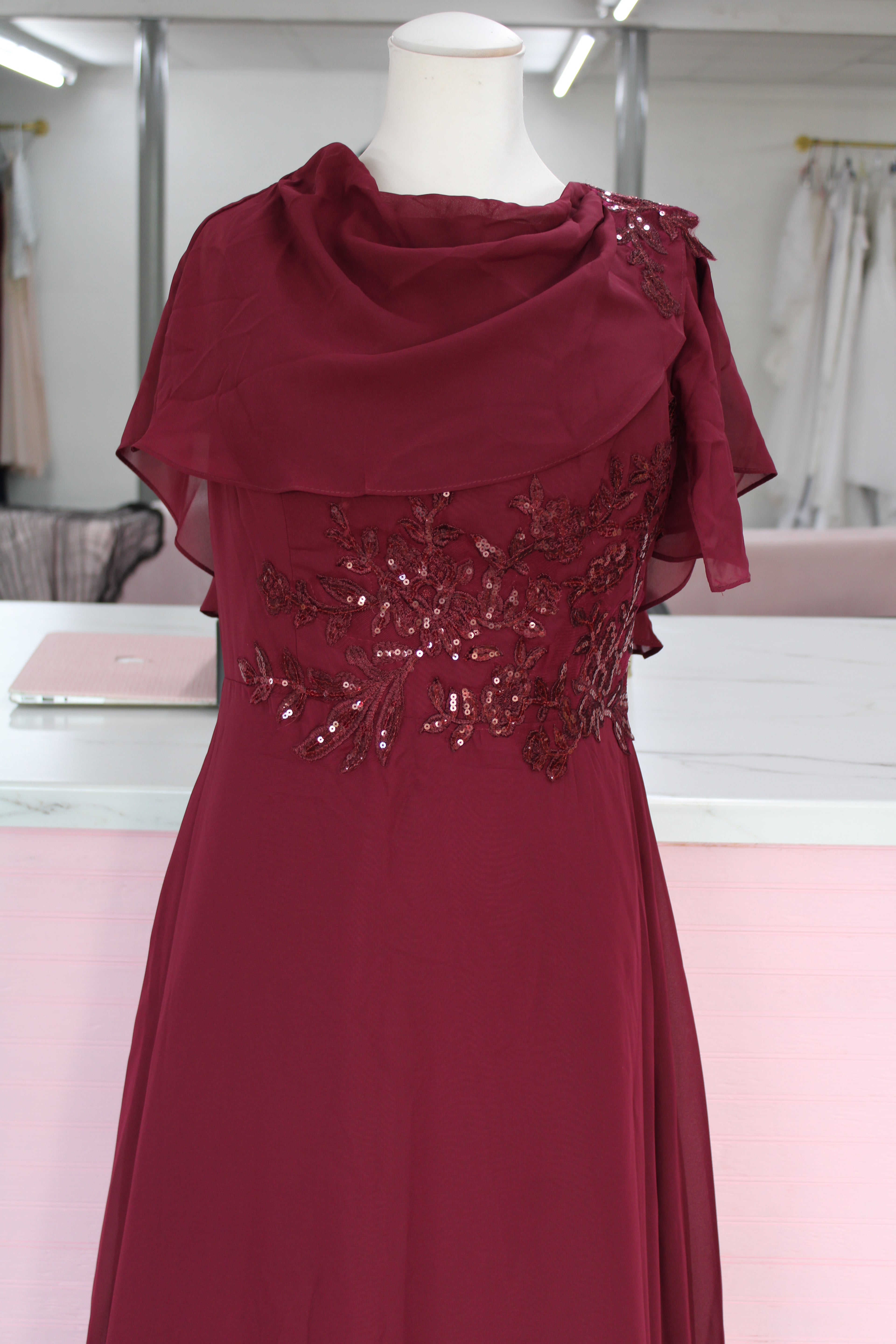 Burgundy Chiffon Sequin Gown-Size 16