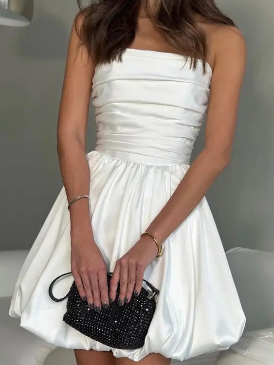 Sweet Bandeau Satin Pleated Dress