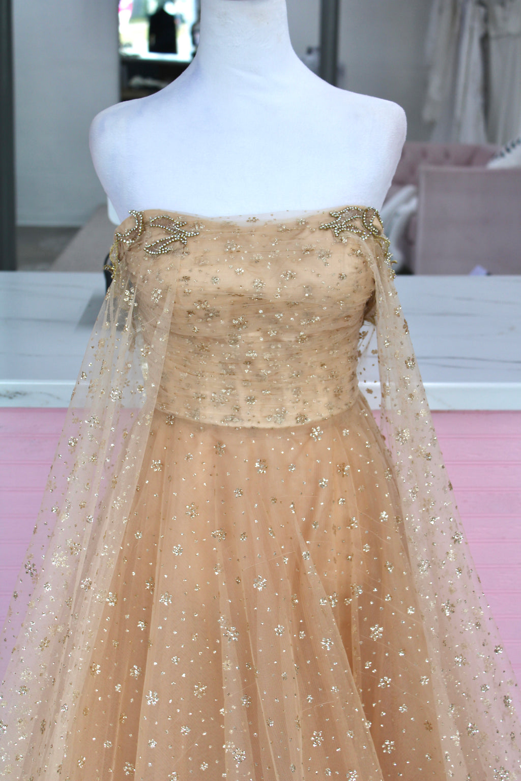 Tarik Ediz Glitter Tulle Gown – Champagne (Size 4)