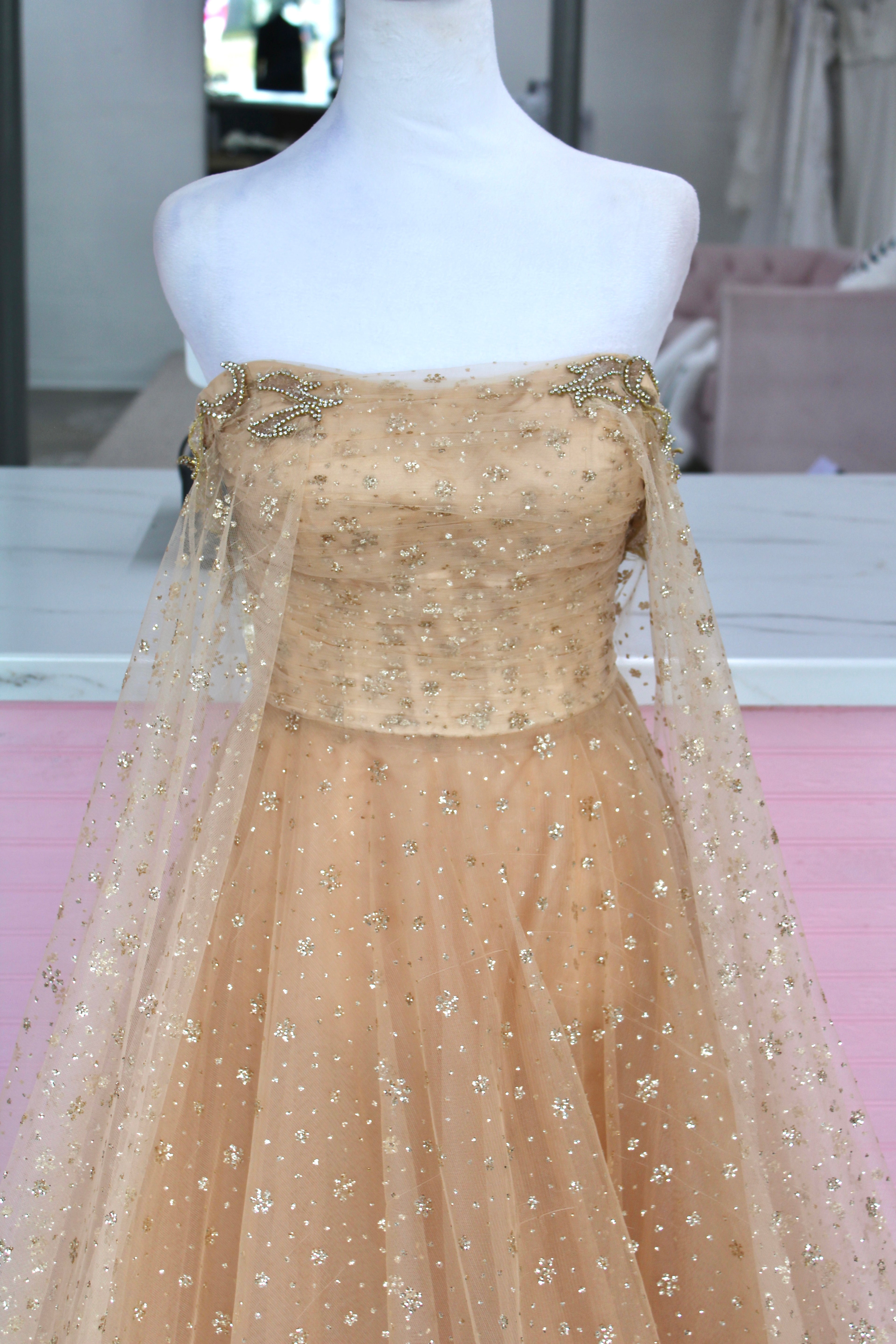 Tarik Ediz Glitter Tulle Gown – Champagne (Size 4)