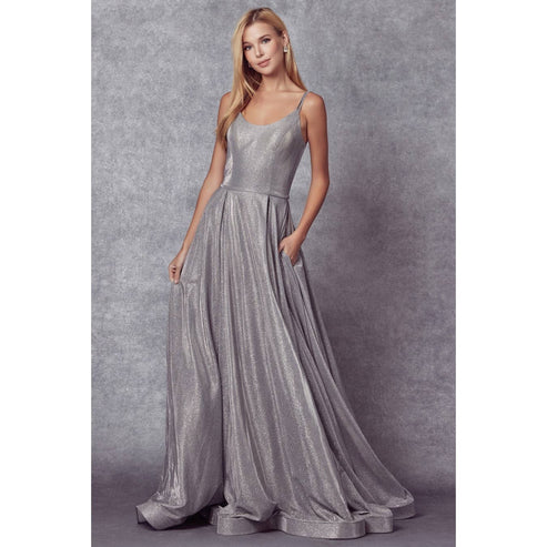 LONG A-LINE GLITTER PROM GOWN: SILVER / L