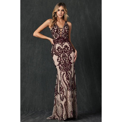 FITTED SEQUIN PROM EVENING GOWN: NUDE / BURGUNDY / L