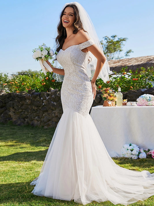 Elegant Fishtail Floor Length Off Shoulder Wedding Dress