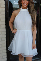 White Chiffon Halter Dress with Tie Back- Size S