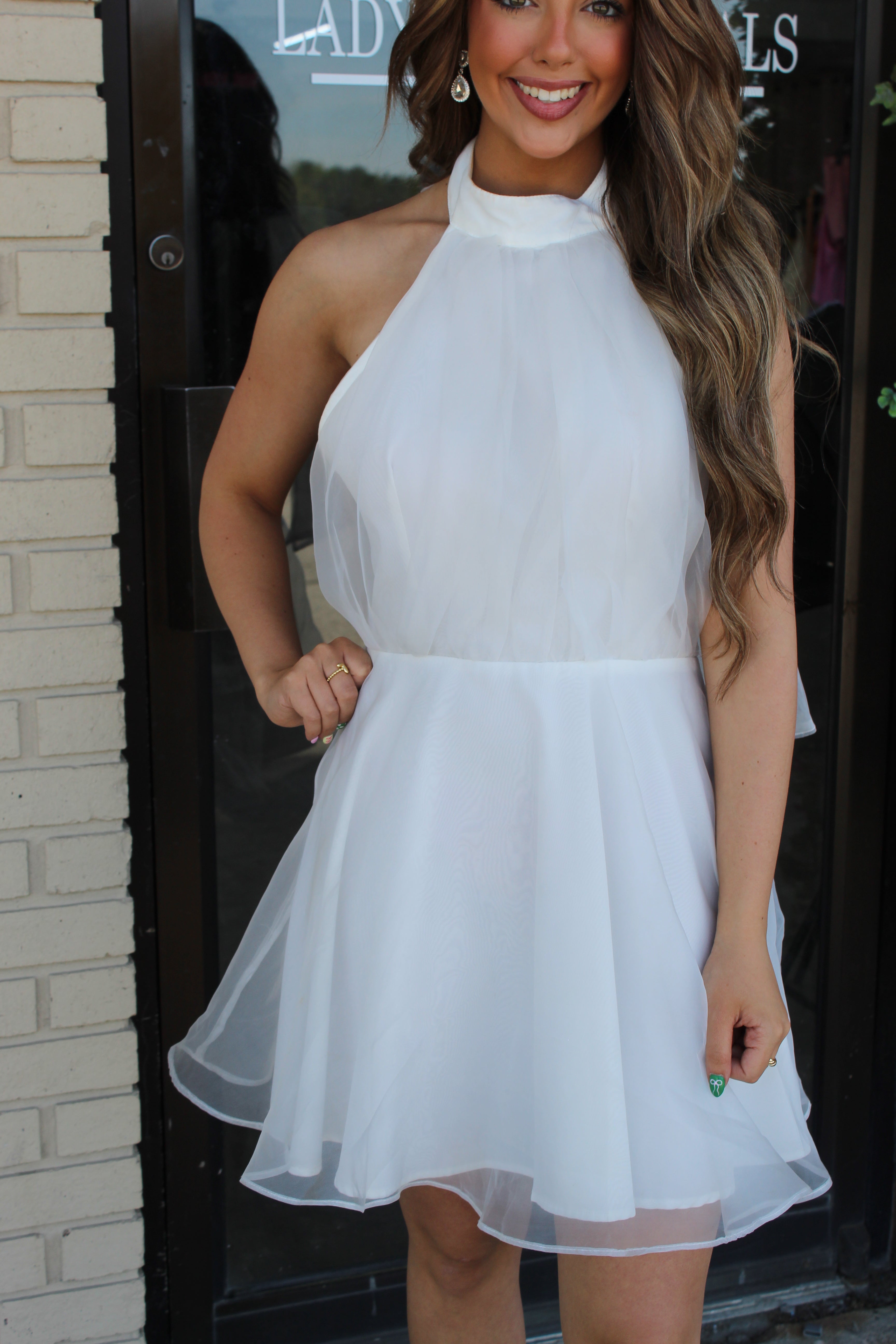 White Chiffon Halter Dress with Tie Back- Size S