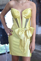 Satin Cocktail Dress with Matching Stones and Side Waist Tie-Size 4