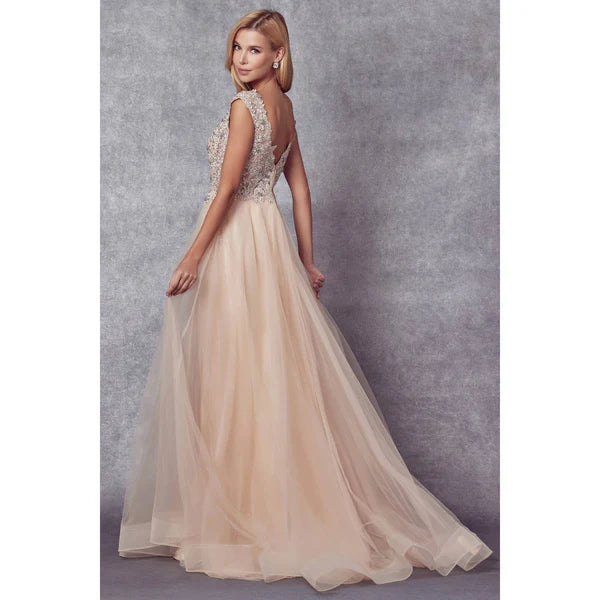 PLUNGING NECK EMBROIDERY BEADED ILLUSION PROM BALLGOWN: CHAMPAGNE / M