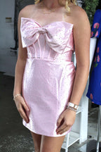 SHORT SATIN DRESS WITH STONES THROUGHOUT AND OVERSIZED BOW-Size 4