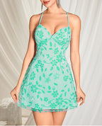 Embroidered Mini Sequin Dress - Medium/Green