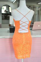 Windsor – Neon Orange Sequin Lace-Up Mini Dress (Size Medium)