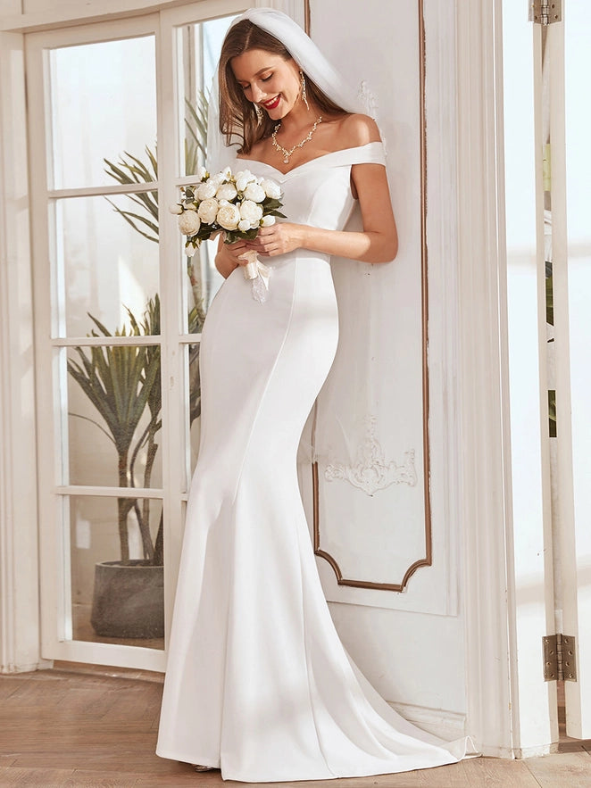 Plain Solid Color Off Shoulder Mermaid Wedding Dress