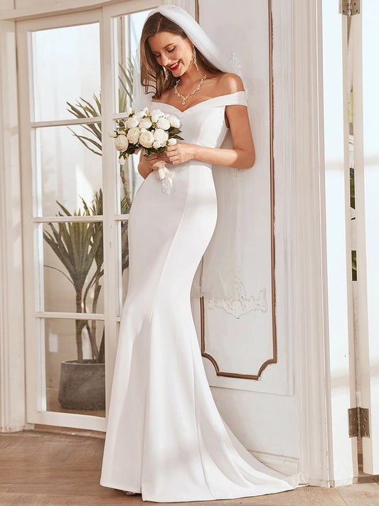 Plain Solid Color Off Shoulder Mermaid Wedding Dress