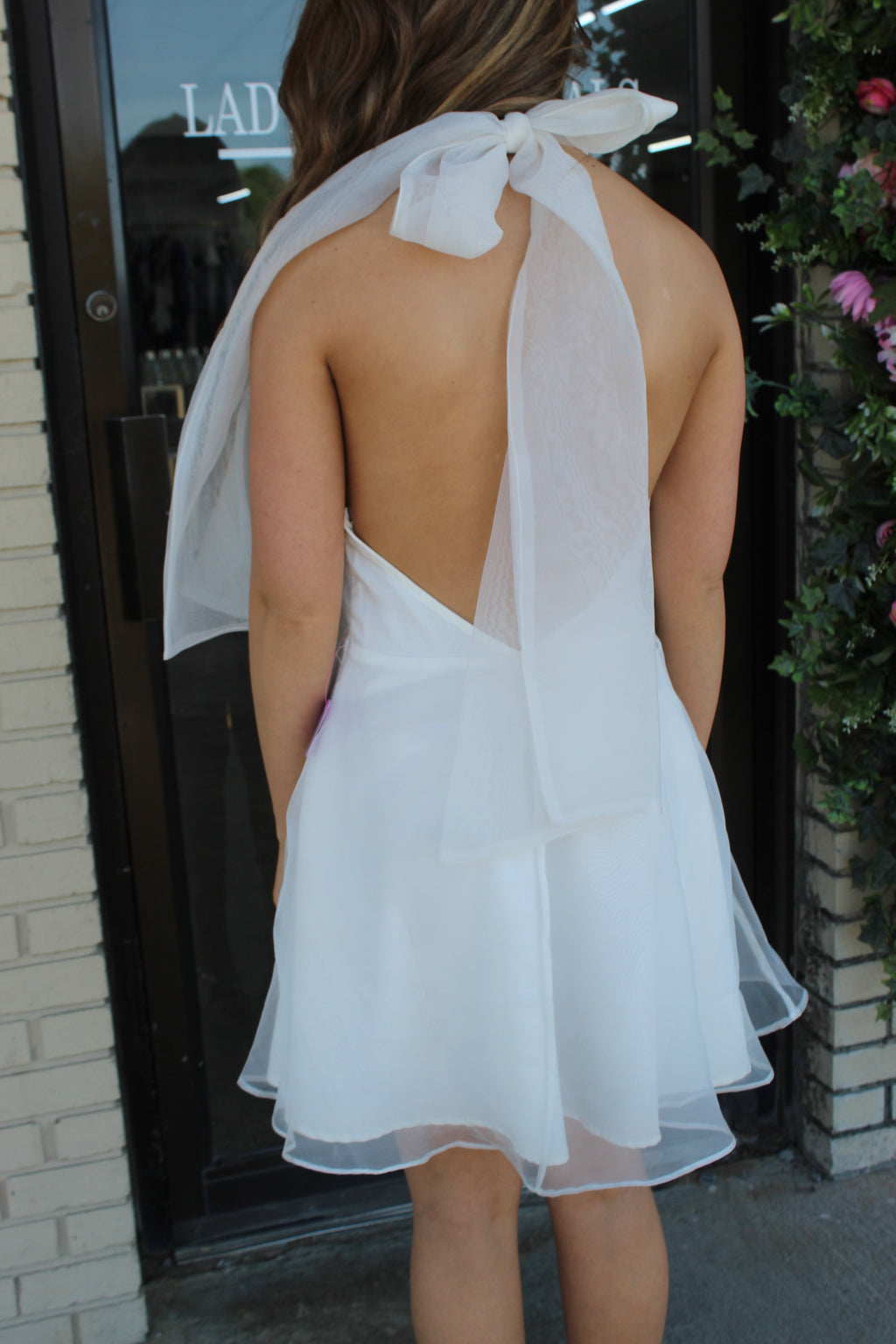 White Chiffon Halter Dress with Tie Back- Size S