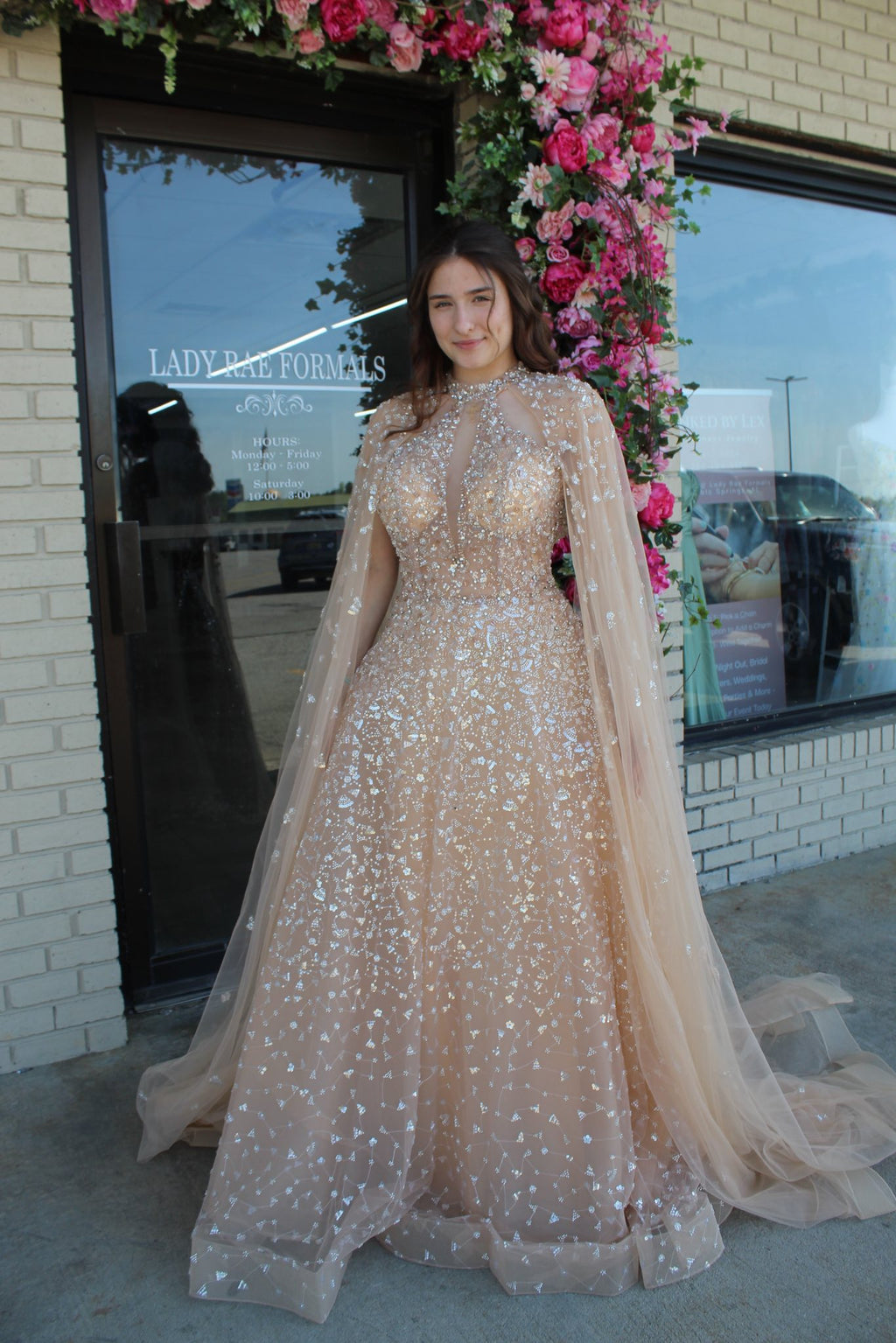 BEADED ILLUSION DESIGN SEWN-ON CAPE A LINE GLITTER