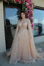 BEADED ILLUSION DESIGN SEWN-ON CAPE A LINE GLITTER