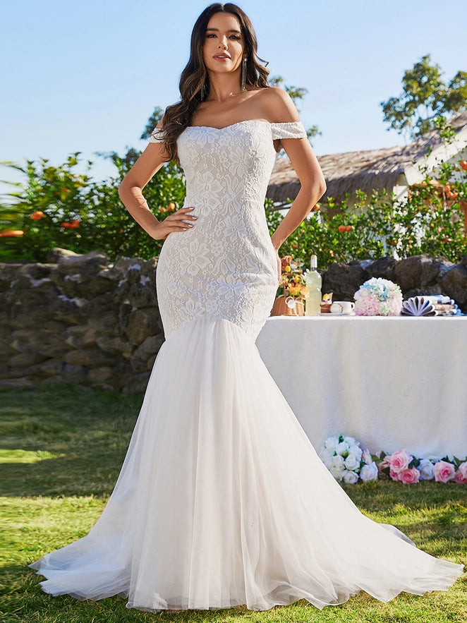 Elegant Fishtail Floor Length Off Shoulder Wedding Dress