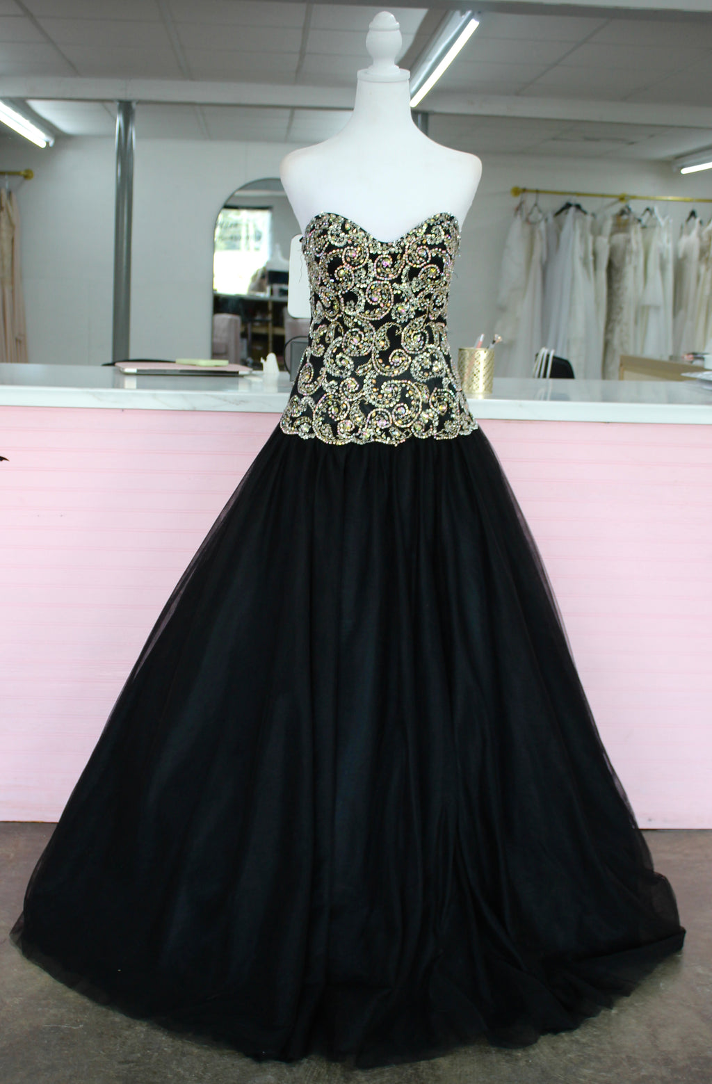 Jovani Black Strapless Ball Gown with Gold Beaded Bodice size 4