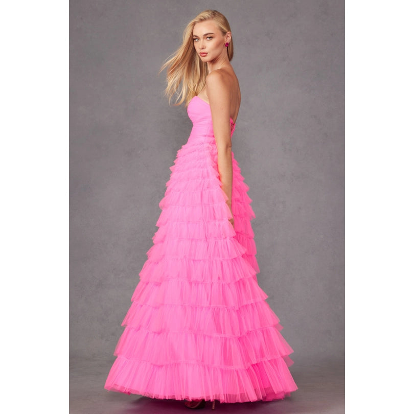 Strapless Ball Gown with Keyholes and A Tulle Ruffle Skirt-S