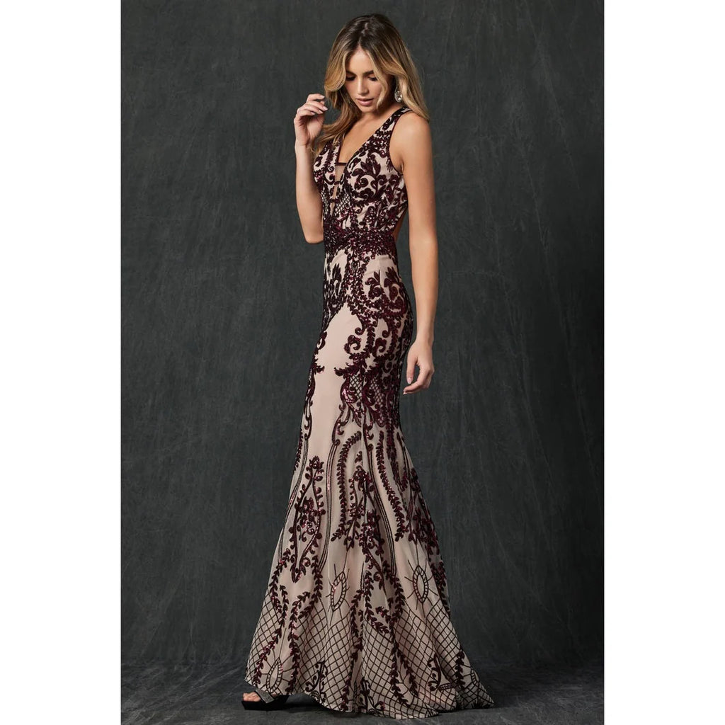 FITTED SEQUIN PROM EVENING GOWN: NUDE / BURGUNDY / L