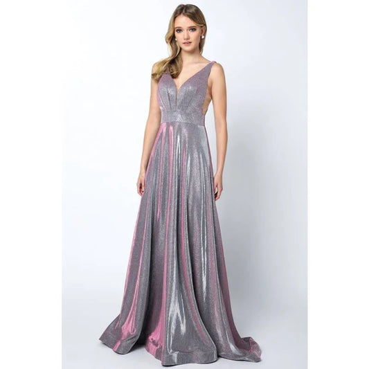 GLITTER CREPE LONG V-NECK PROM DRESS: MAGENTA MAUVE / S