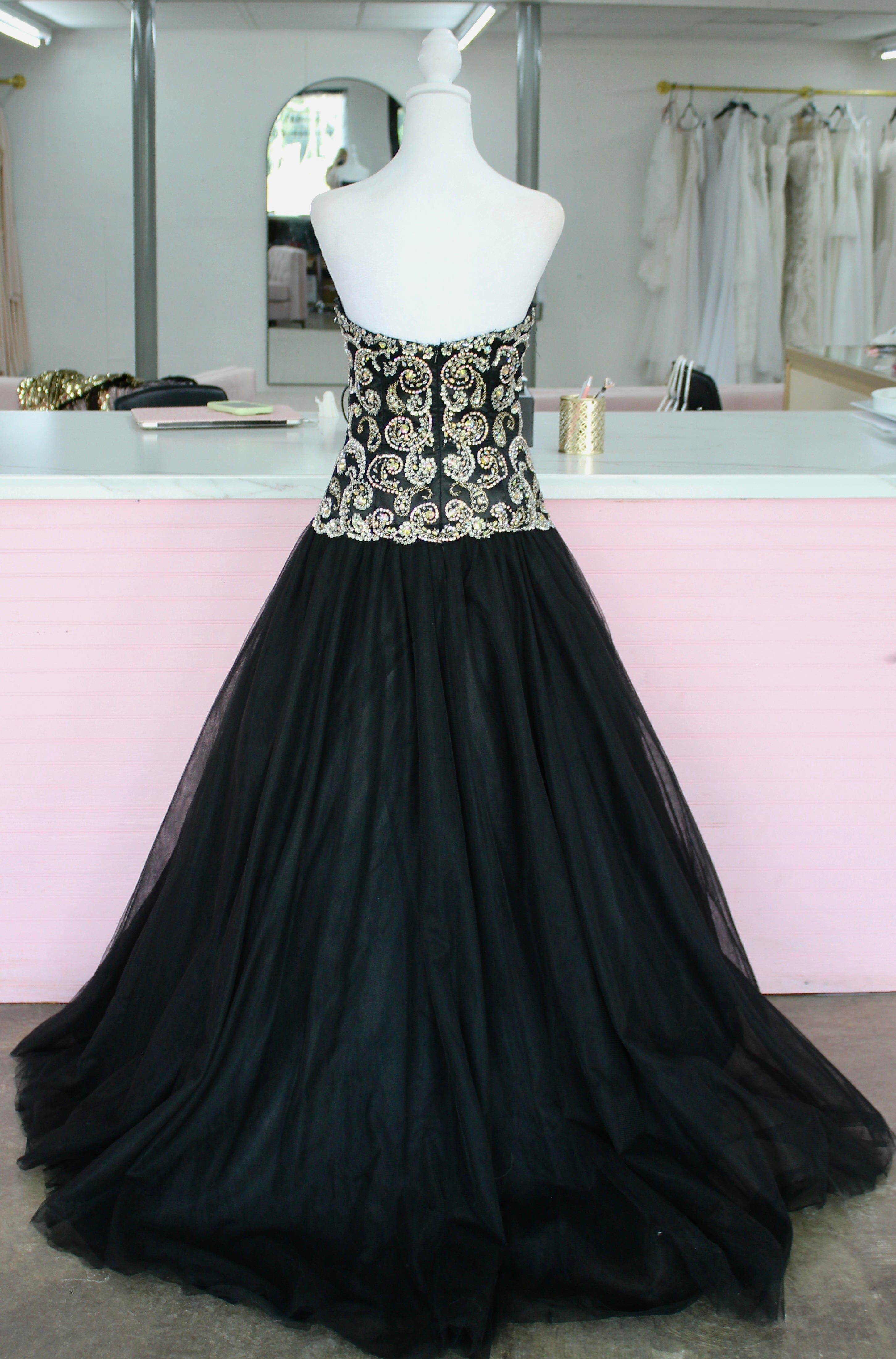 Jovani Black Strapless Ball Gown with Gold Beaded Bodice size 4
