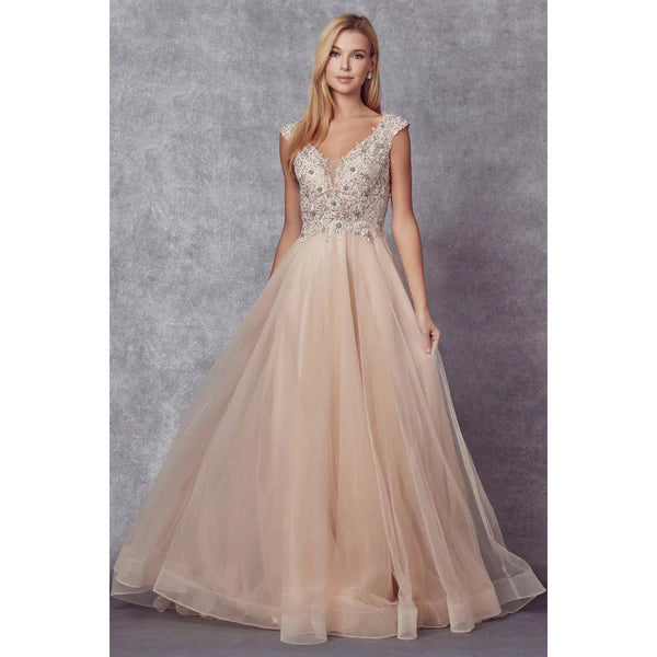 PLUNGING NECK EMBROIDERY BEADED ILLUSION PROM BALLGOWN: CHAMPAGNE / M