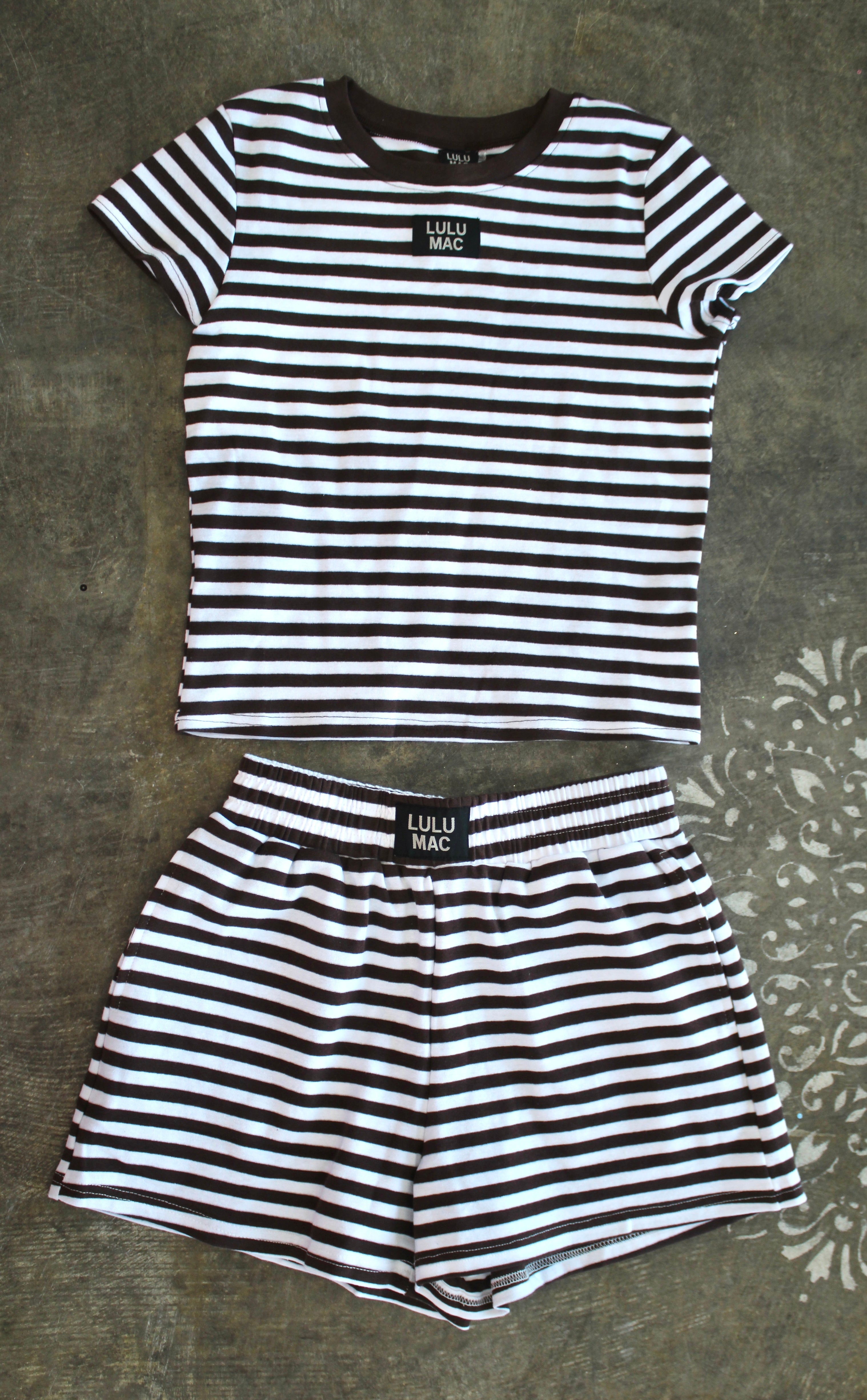 LULU MAC- Brown/White Shorts & Baby Tee set