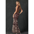 FITTED SEQUIN PROM EVENING GOWN: NUDE / BURGUNDY / L