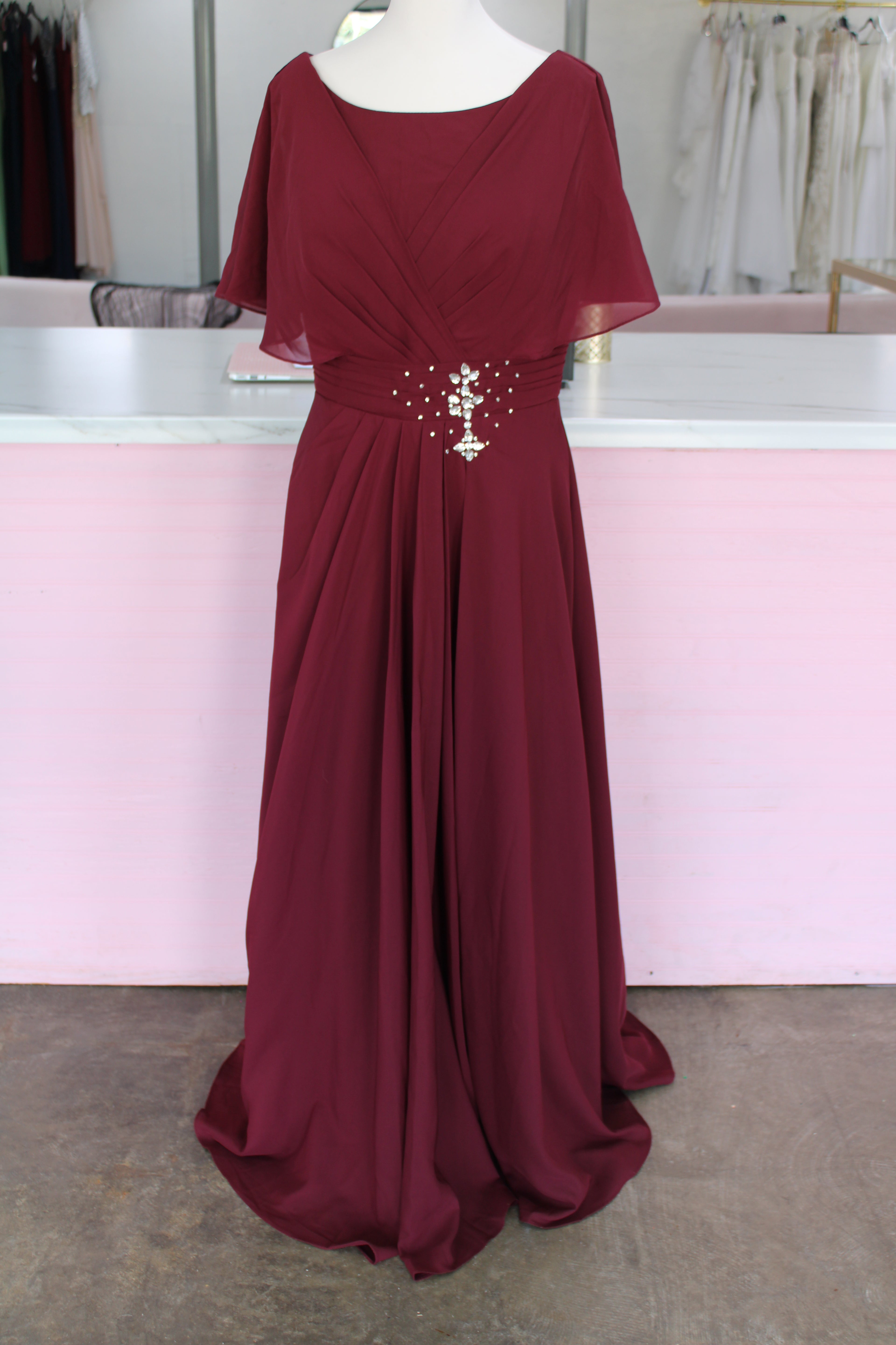 Burgundy Chiffon Stoned Gown-Size 16
