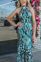 Green & Nude High-Neck Printed Mermaid Gown-Size 2