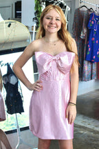 SHORT SATIN DRESS WITH STONES THROUGHOUT AND OVERSIZED BOW-Size 4