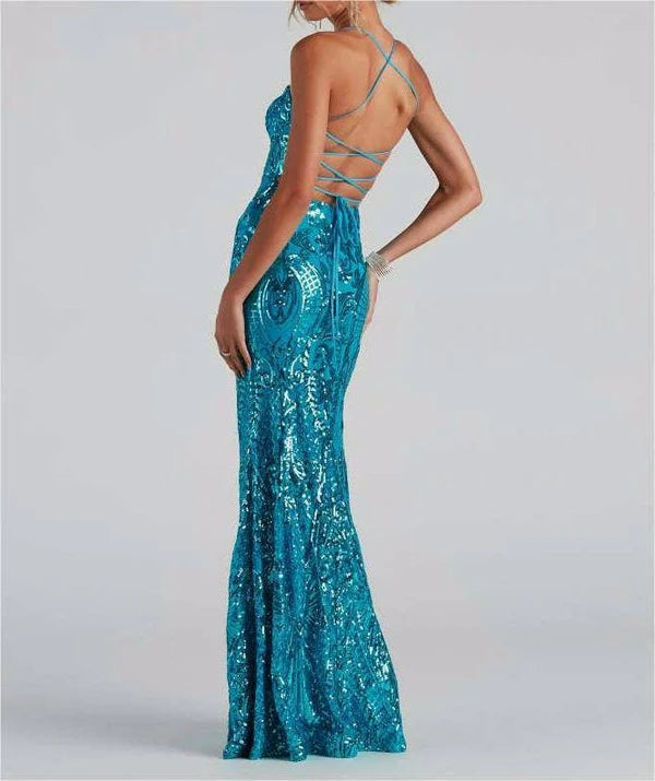 Sequins long party dress cocktail evening dress: Blue / L