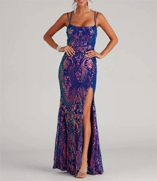 Sequin maxi sexy party evening dress: Purple / M