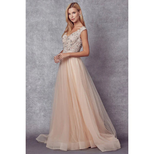 PLUNGING NECK EMBROIDERY BEADED ILLUSION PROM BALLGOWN: CHAMPAGNE / M