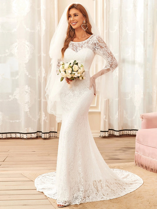 Round Neck Long Pagoda Sleeves Wedding Dress