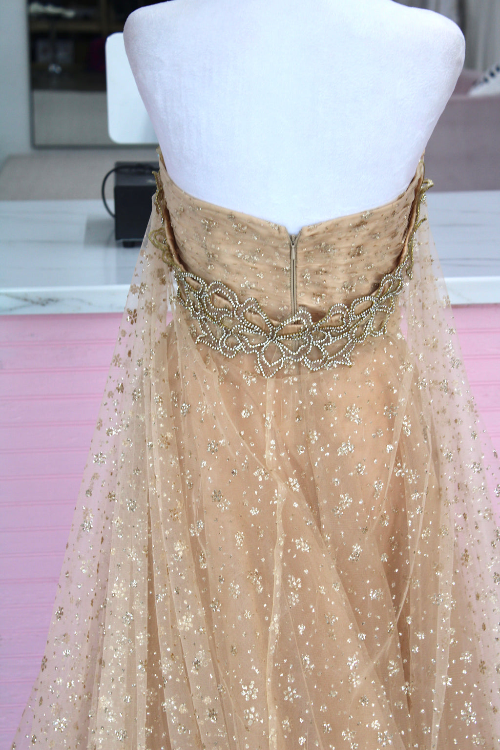 Tarik Ediz Glitter Tulle Gown – Champagne (Size 4)