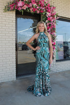 Green & Nude High-Neck Printed Mermaid Gown-Size 2