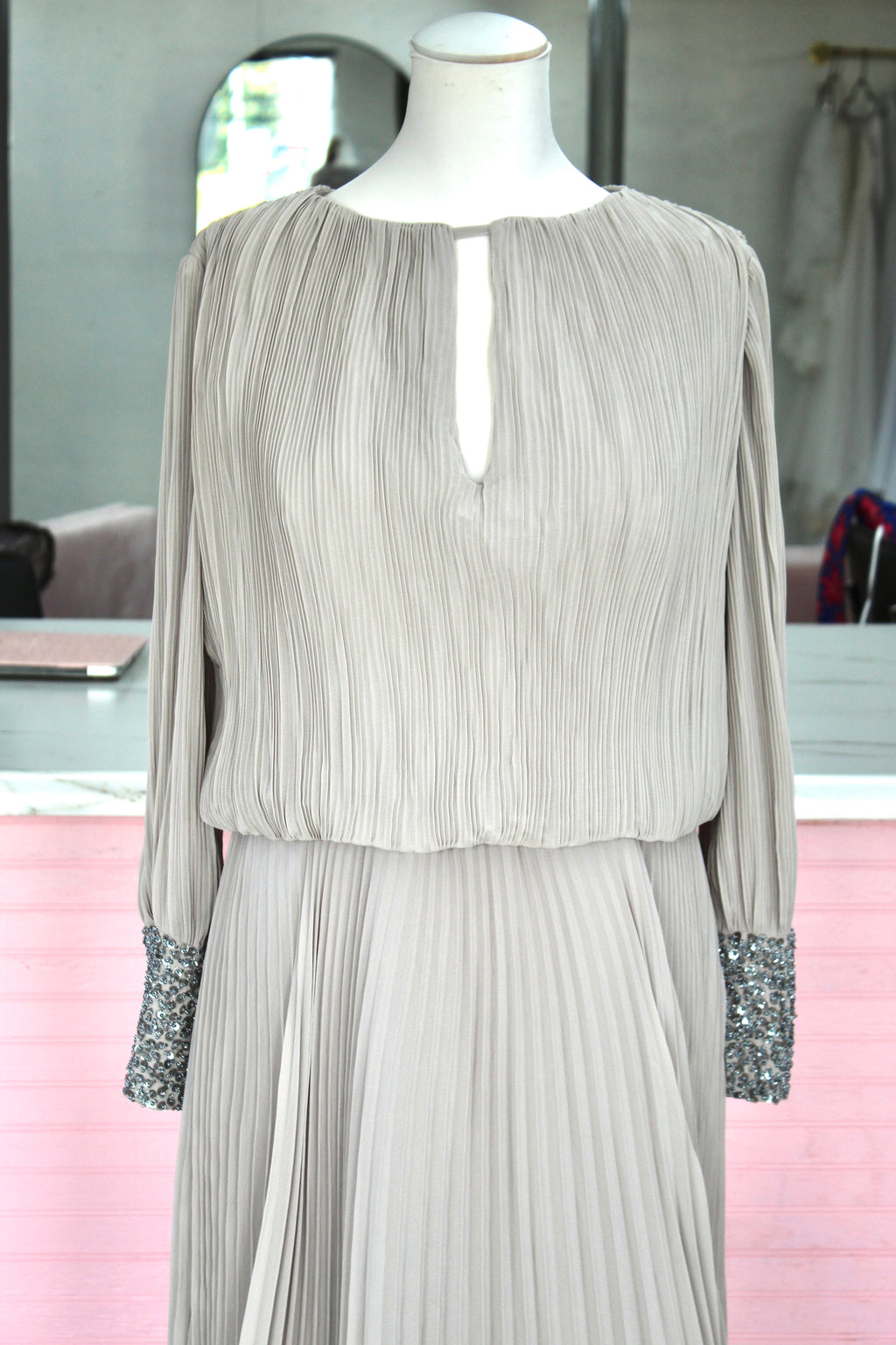 Elegant Gray/Nude Pleated Gown- Size 16