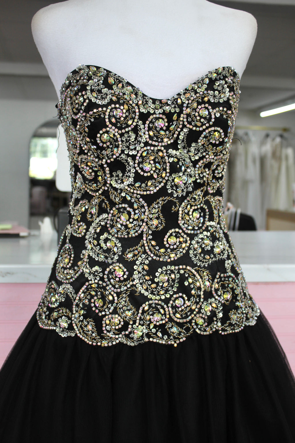 Jovani Black Strapless Ball Gown with Gold Beaded Bodice size 4