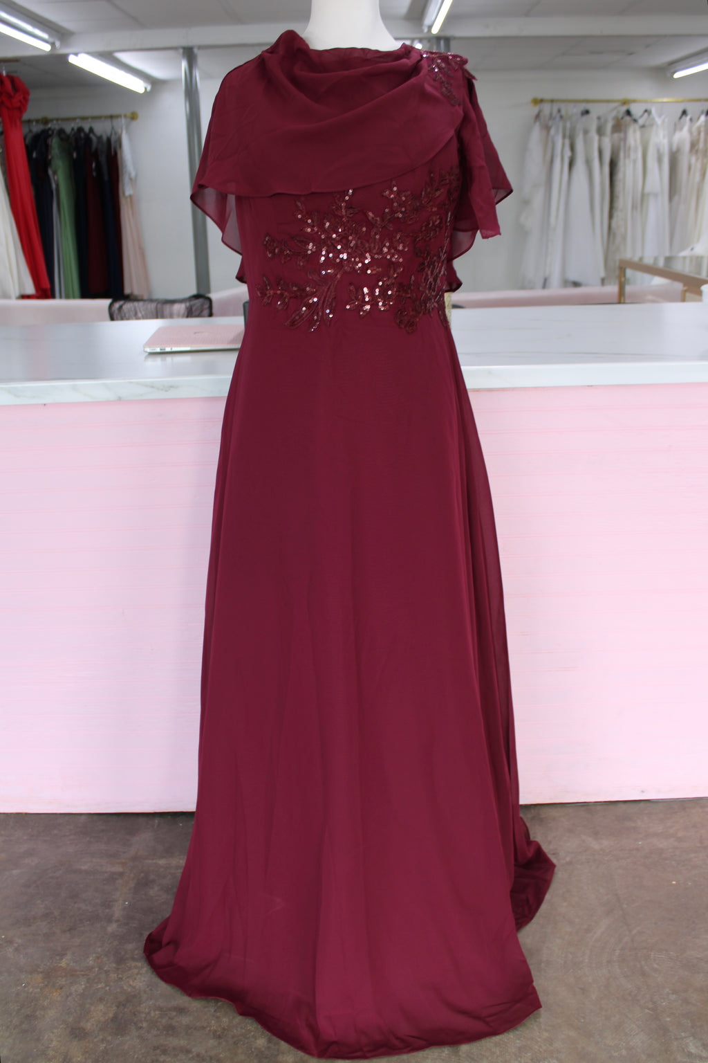 Burgundy Chiffon Sequin Gown-Size 16
